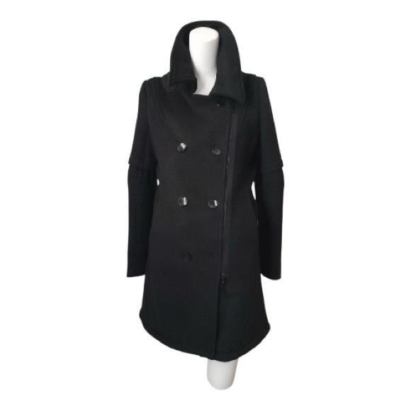 Only True Collection Streetwear Black Double breasted Hooded Wool blend Pea Coat - Picture 9 of 15